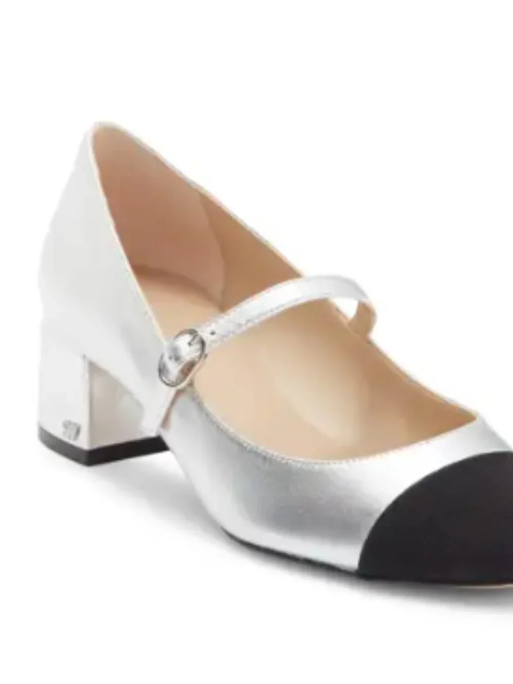 Stuart Weitzman Silver Mary Jane Pumps with Black Cap Toe 8.5